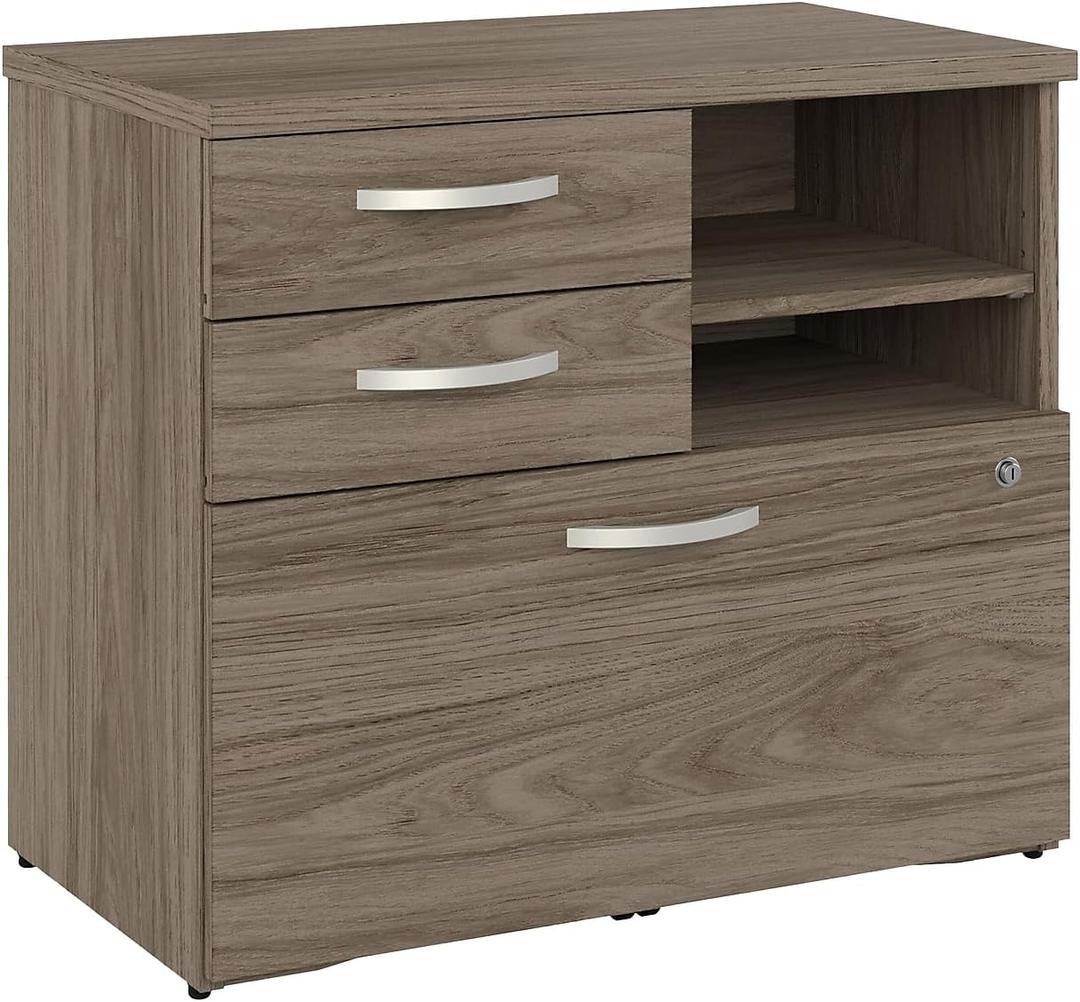 Bush Business Furniture Studio C Office Storage Cabinet with Drawers and Shelves in Modern Hickory, Organization for Home or Professional Workspace