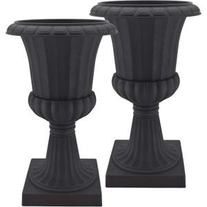 Arcadia Garden Products Plastic Garden Pedestal Urn, Set of 2 Classic Decorative Garden Pot Planter for Indoor and Outdoor Plants, 10 x 17, Black