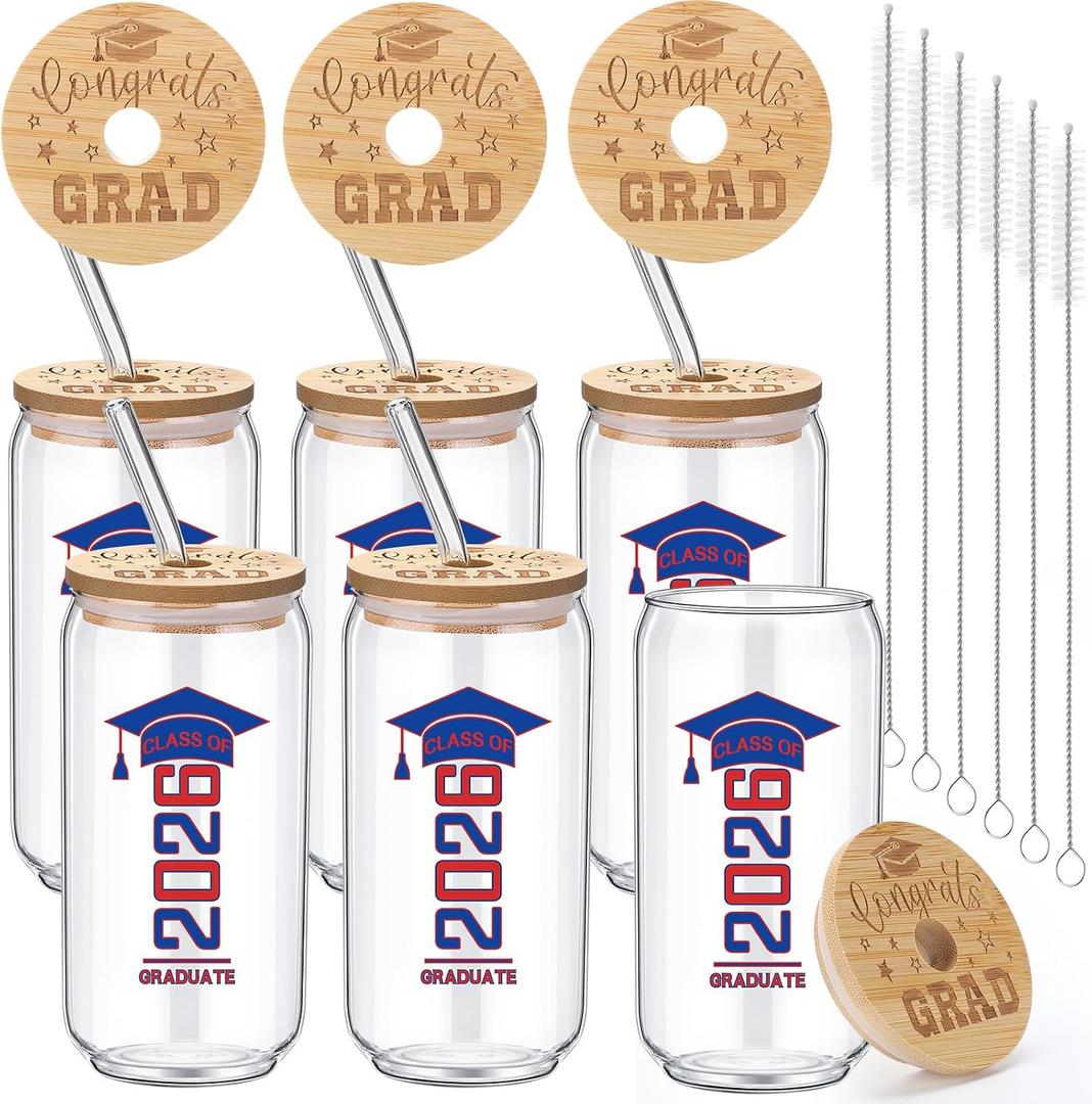 6 Pcs Red and Blue Class of 2026 Graduation Gifts Graduation Glass Cup with Lids Straw 16oz Congrats Grad Coffee Mugs for Her Him Men Women Middle & High School College Tumbler Party Favor
