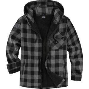 V VALANCH Men's Sherpa Lined Flannel Jacket with Hood  Zip Up Plaid Shirt Jacket Winter Outdoor Warm Outerwear Fleece Coat (Medium, Dark Grey)