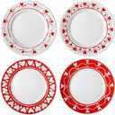 Jinei Set of 4 10 Inch Valentine's Day Ceramic Flat Plates Red White Heart Dining Serving Plates Round Dessert Salad Dish Set Gift for Valentine's Day Wedding Anniversary Party Decoration