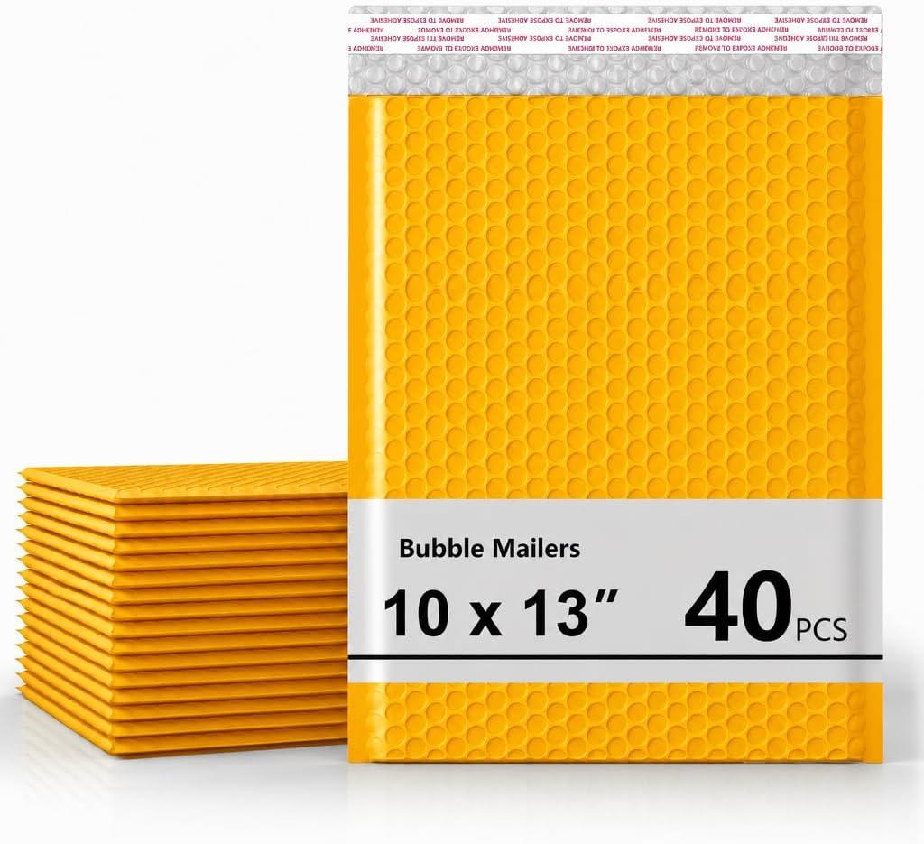 10 x 13 Inch Bubble Mailer 40 Pack, Waterproof Padded Envelopes with Strong Self-Seal Adhesive, Cushioning Shipping Bags with Bright Color for Small Business - Yellow