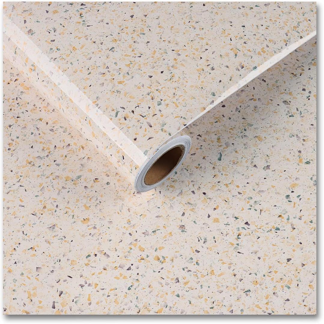 CRE8TIVE Granite Contact Paper Waterproof 24"x118" Granite Wallpaper Peel and Stick Countertops Self Adhesive Removable Yellow Marble Glossy Vinyl Film for Bathroom Walls Sink Kitchen Cabinets Desk