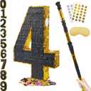 PCFING 20 Inch Number 4 Piata Gold Black with 30 Inch Piata Stick Blindfold Confetti for Man Women Boys Girls Birthday Party Decorations, Anniversary Celebration, Fiesta