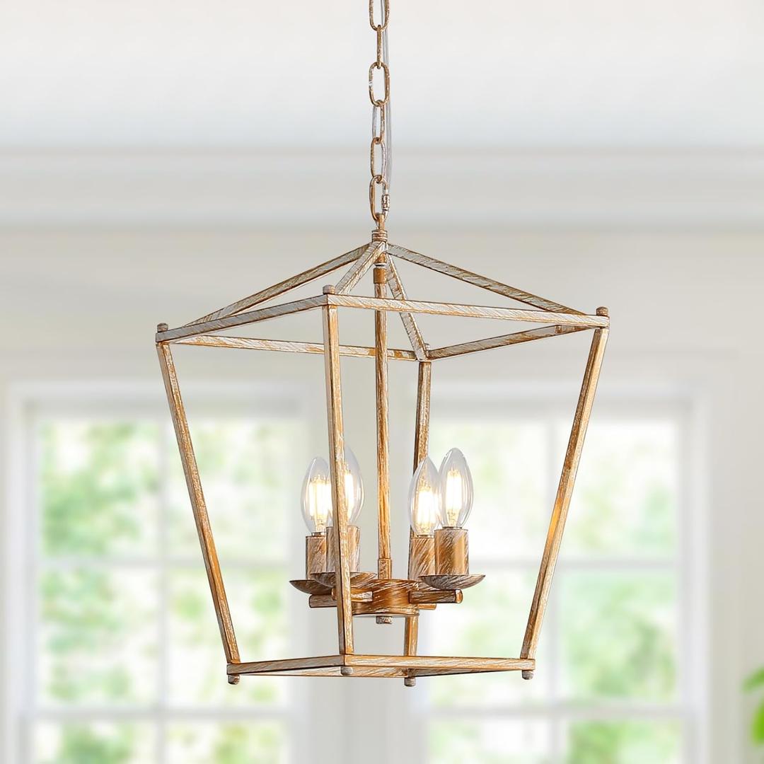 Modern Lantern Chandeliers 4-Light Ceiling Cage Hanging Lights White Gold Pendant Light Fixtures for Kitchen Island Dining Room Farmhouse Entryway Foyer