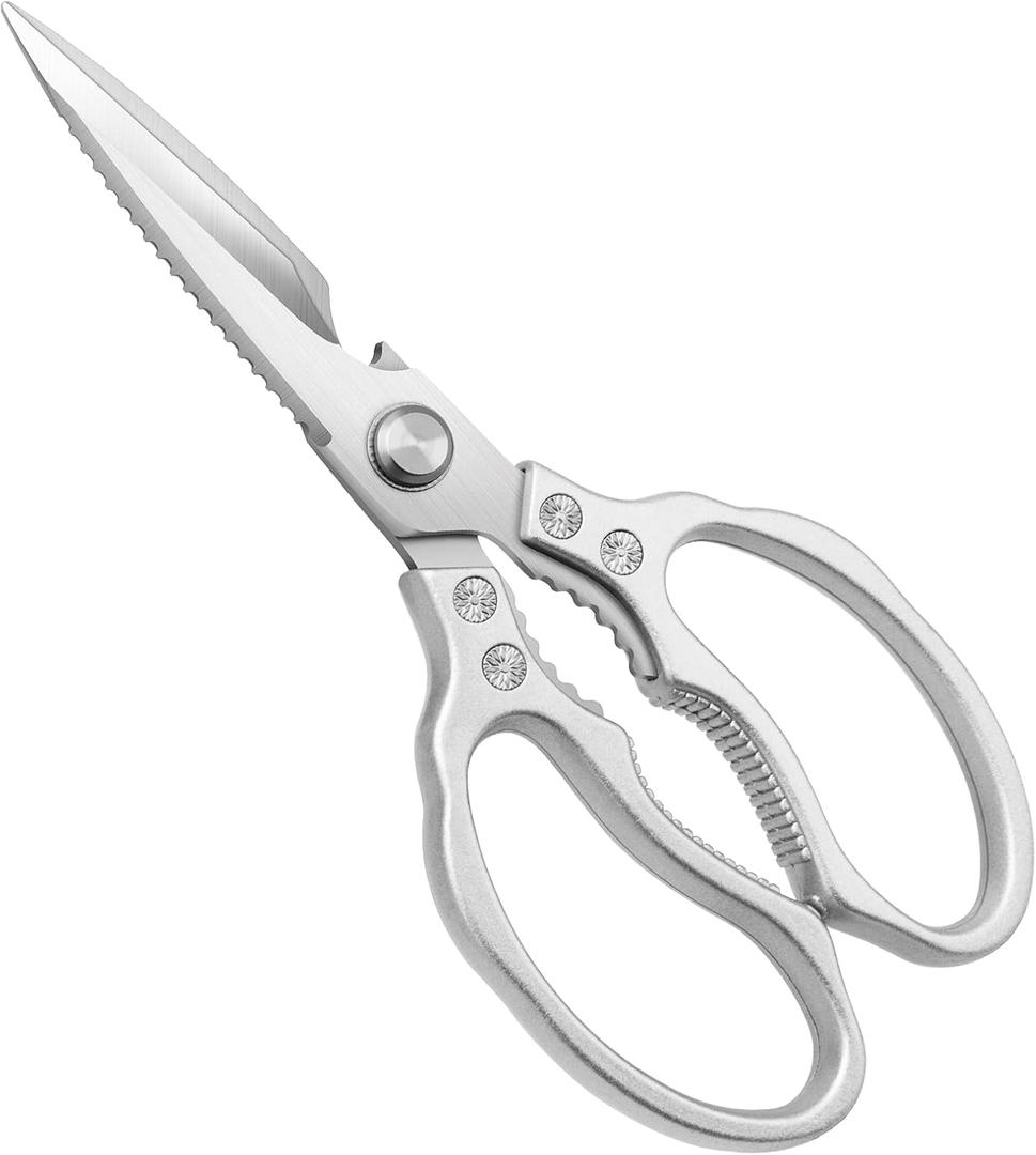 CGBE Kitchen Scissors, Multi-Purpose Kitchen Shears, Heavy Duty Dishwasher Safe Food Scissors for Chicken, Poultry, Fish, Meat & Herbs with Non-Slip Grips - Sliver