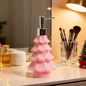 Christmas Soap Dispenser, Pink Flocking Effect Resin Hand Dish Soap Dispenser, Refillable Leak-Proof Decorative Pump Bottle for Bathroom Kitchen Holiday Decor Gift (Pink)