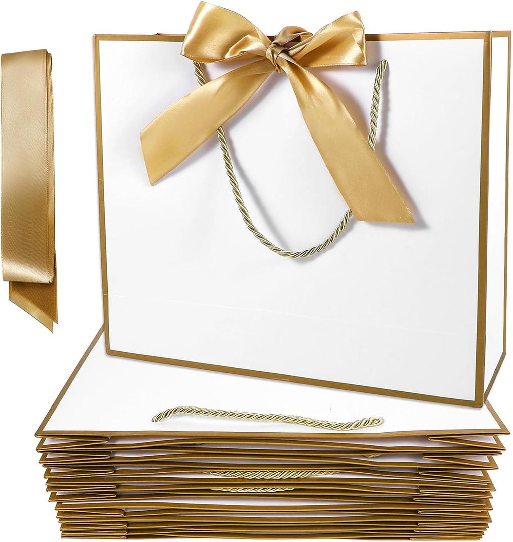 12PCS Gift Bags with Handles, 12.5 x 9.8 x 4.3 Inch Gift Bags Large Birthday Gift Bag White Gold Thank You Bags with Bow Ribbon for Wedding, Birthday, Engagement, Bridesmaid, Groomsmen, Christmas