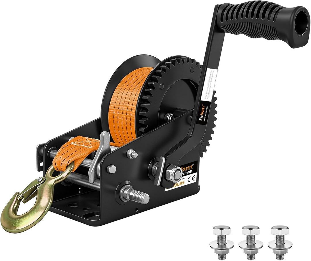 Boat Trailer Winch 3500lbs, Heavy Duty Hand Winch with 33FT Polyester Strap, 4:1/8:1 Gear Portable Winch with Hook, 2 Way Ratchet Manual Winch for Towing Pulling Boat Trailer Truck RV ATV Jet Ski