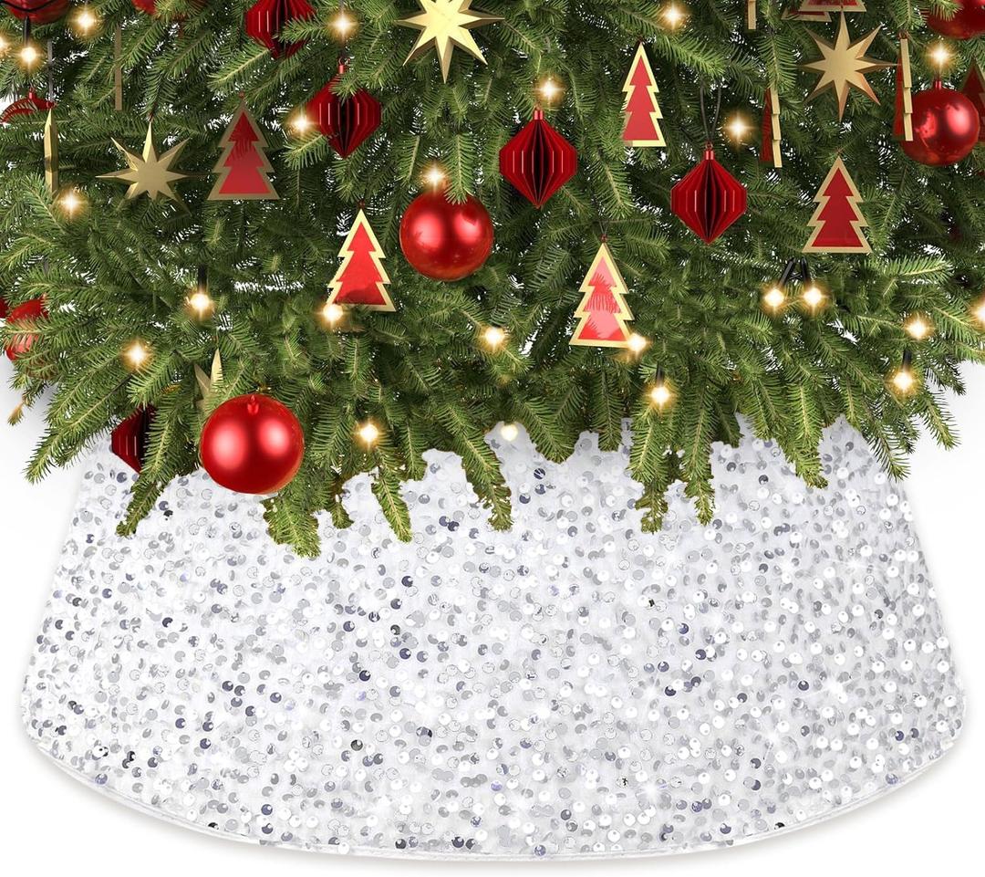 White Tree Collar 28.3Inch Diameter Christmas Tree Ring Basket for Artificial White Christmas Tree Decorations Silver Sequin Christmas Tree Skirt Round Xmas Tree Base Cover for Holiday Party