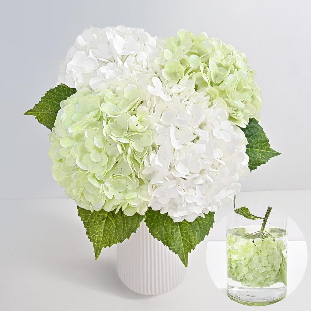 MARTINE MALL 4Pcs 21in Hydrangea Artificial Flowers, Latex Real Touch Hydrangeas Lifelike Large Hydrangea Flowers for Home Decor Party Arrangements Wedding Bouquets Centerpieces (2White&2Light Green)
