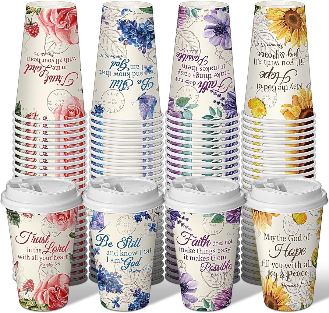 Dandat 100 Pcs Christian Floral Coffee Cups with Lids 16 oz Paper Floral Tea Cups Bulk Disposable Bible Verse Coffee Drinkware for Christian Religious Wedding Baby Shower Home Offices Supplies