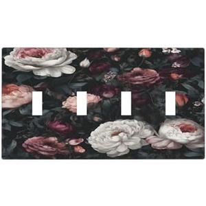 LuHuoLu Decorative Light Switch Cover Plate Rustic Big Pink Flowers White Peony Floral 4 Gang Wall Plate Oversized Quad Toggle Switch Cover Plate Jumbo Faceplate for Home Decor