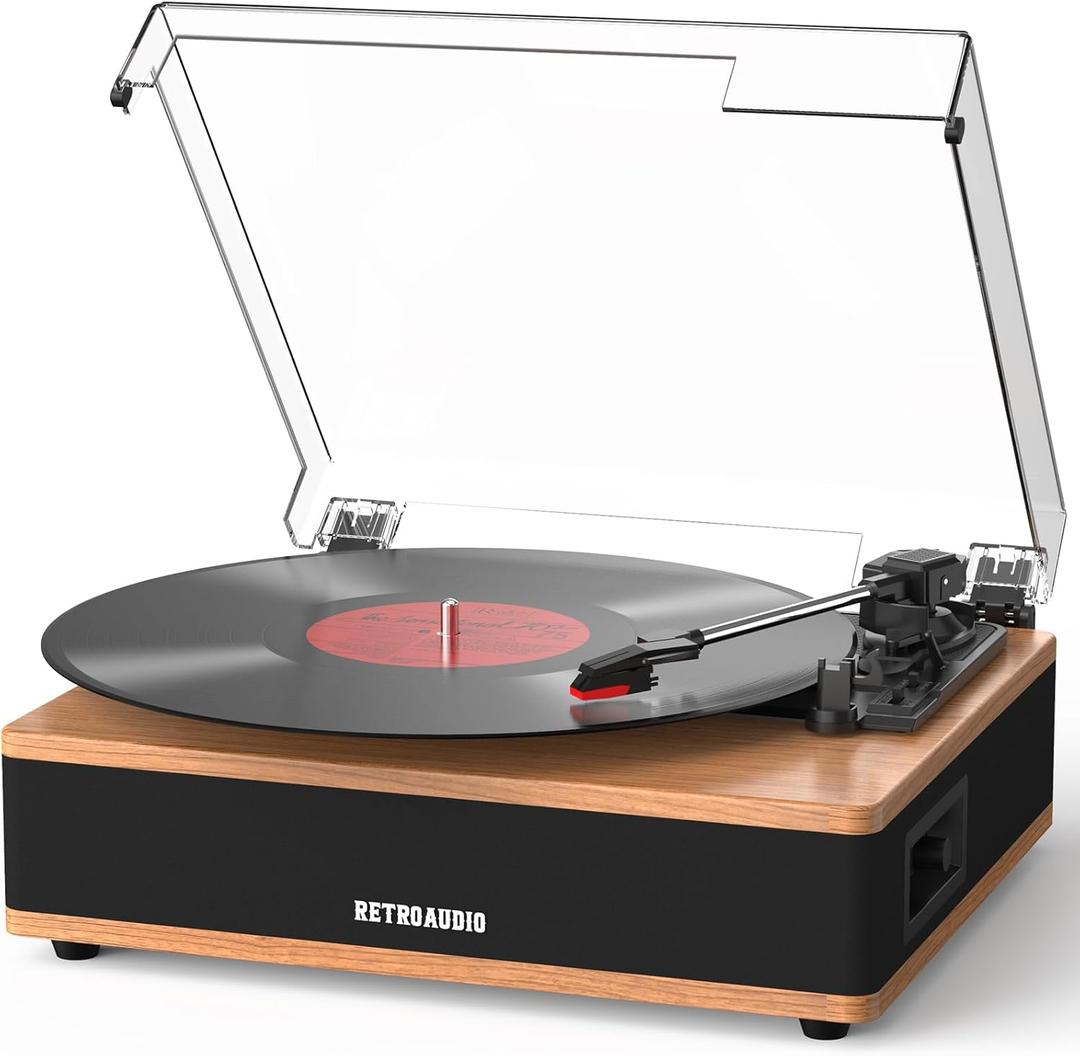 Vinyl Record Player Bluetooth Turntable with Built in Stereo Speakers Belt Drive 3 Speeds Vintage Turntables for Vinyl Records Support RCA Output, Aux in, Auto Stop, Light Walnut