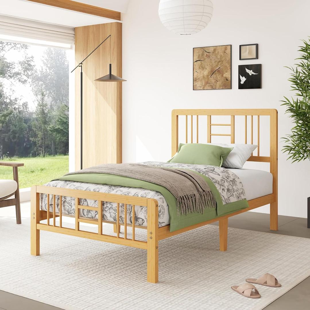 12 Inch Bamboo Wood Twin Size Platform Bed Frame with Headboard and Footboard, Metal Slat Support Bed Frame Twin Heavy Duty, No Box Spring Needed, Easy Assembly, Noise Free, Reinforced