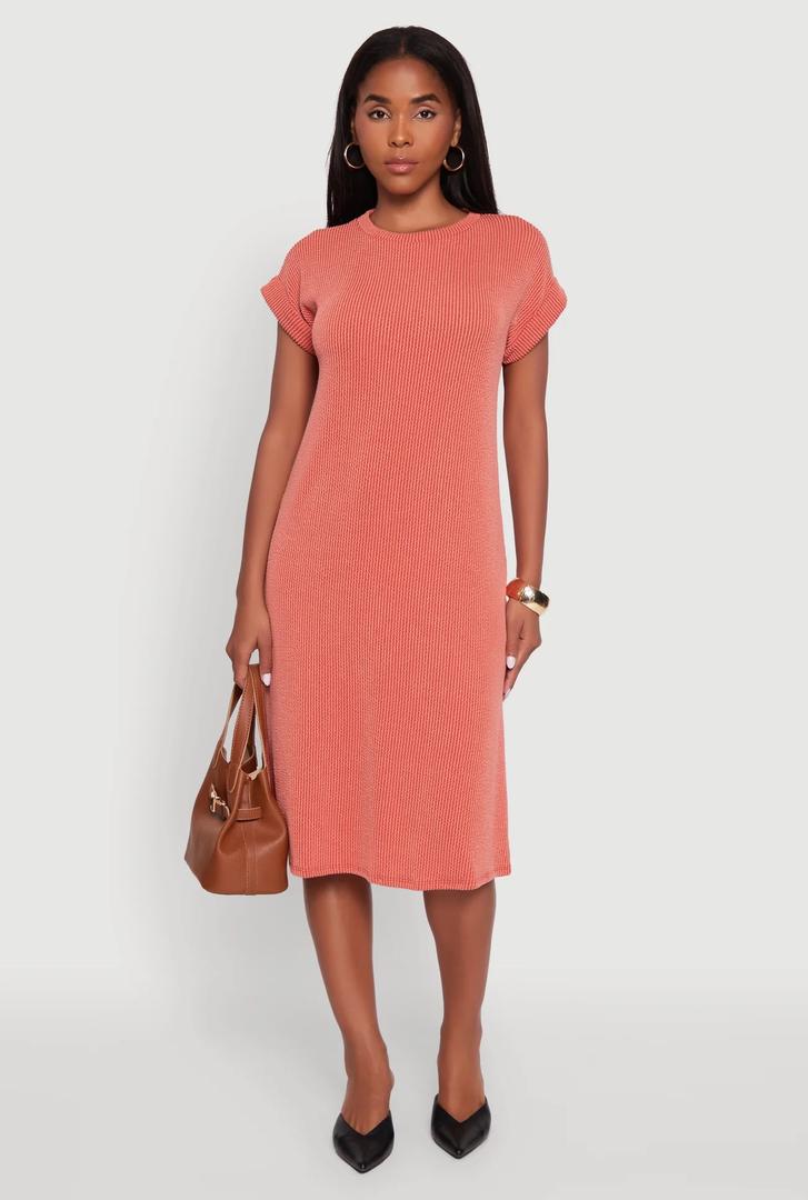Rib Knit Shadow Stripe Fixed Cuff T-Shirt Dress - Rust, Medium