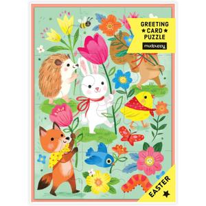 2 x Mudpuppy Hoppy Easter  Bunny Rabbit Easter Themed Greeting Card and Jigsaw Puzzle Includes Color Coordinated Envelope and Sticker Seal