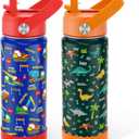 Fimibuke Kids Insulated Water Bottle, 18oz BPA FREE Kids Cups with Straw Double Wall Vacuum Tumbler 18/8 Stainless Steel Leak Proof Toddler Water Bottle for School Boys Girls (2 Pack, Dinosaur/Truck)