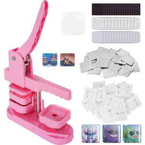 MECOLOUR Square Button Maker Machine with 50 Sets of Button Supplies&50 Sets of Fridge Magnet Maker Supplies,2*2 inch(50*50mm) Pin Maker Machine for DIY Personalized Buttons Children DIY Gift(Pink)