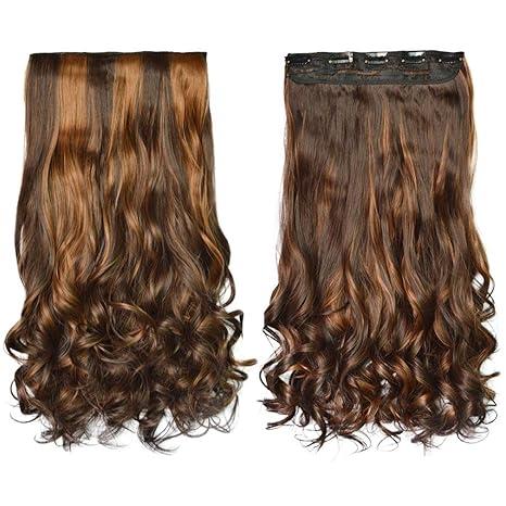 REECHO 20" 1-Pack 3/4 Full Head Curly Wave Clips in on Synthetic Hair Extensions HE008 Hairpieces for Women 5 Clips 4.5 Oz per Piece - Dark Brown with Chestnut Highlights