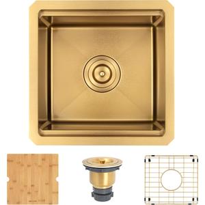 Bar Sink,15 Inch Undermount Gold Kitchen Sink, 15" x 15" x 10" Small and Deep Single Bowl Kitchen Sinks For Bar and RV, 16 Gauge Stainless Steel Workstation Sinks with Gold Accessories