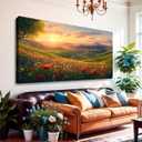 JLXART Wall Art for Living Room Decor Mountain Sunset Landscape Canvas Wall Art with Red Poppies Prints Nature Scenery Artwork Framed Size 24 x 48 in Ready to Hang