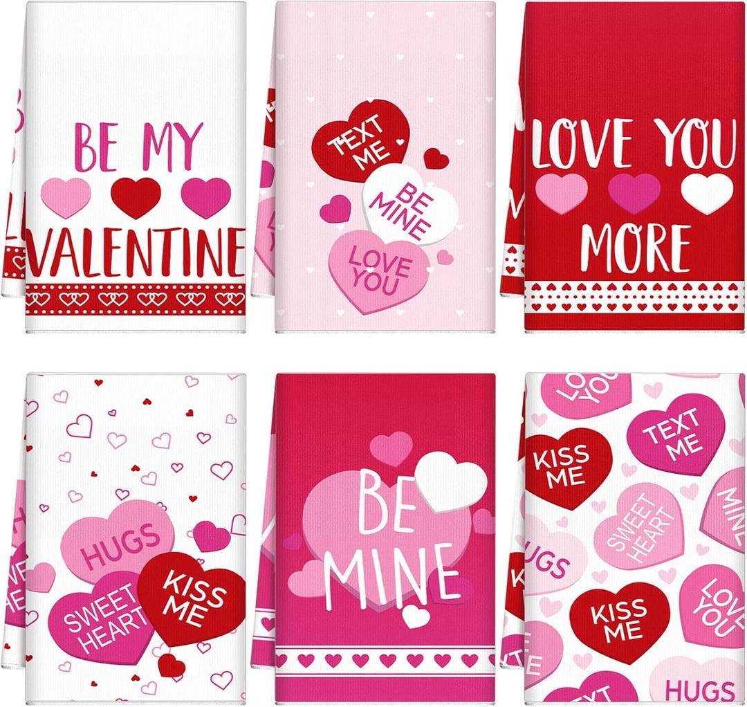 Breling 6 Pcs Valentines Day Towels Valentine's Day Kitchen Hand Towels for Bathroom Decor Conversation Hearts Red Pink Romantic Heart True Love Forever Holiday Dishcloth, 18 x 28 Inches