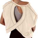 Womens Open Back Workout Tops Short Sleeve Y2k Yoga Shirts Athletic Gym Slouchy Crop Top Casual Backless Running Tees (Small, A02~Beige)