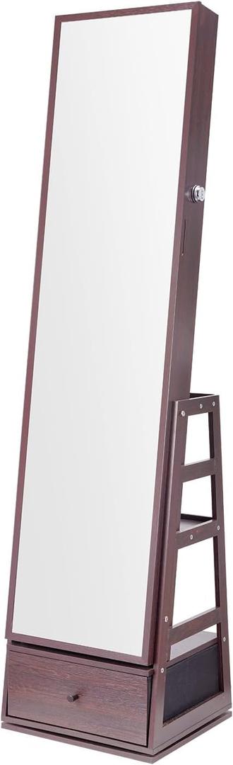 Happybuy Mirror Jewelry Cabinet,Brown,360 Swivel Standing Mirror with Storage, Lockable Jewelry Mirror Organizer with Full Length Mirror,Velvet Lining, LED Light, Drawer, Freestanding Jewelry Armoire