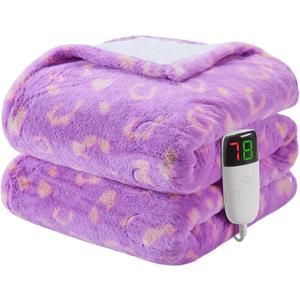 Leopard Print Heated Electric Blanket Throw,50X60 Purple Heating Blanket with 10 Heats Levels & 8 Hours Auto Off,Cute Cheetah Soft Fleece Sherpa Blankets Warmer Gifts for Women Washable