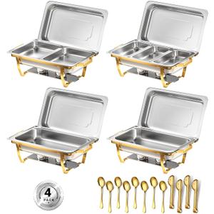 Chafing Dishes for Buffet, 8 Qt High Grade Chafing Dish Buffet Set, Rolled-Edge Design Food Warmers for Parties, Buffet, Wedding, Birthday, Camping 4 Pack 7 Pans [Half Gold]