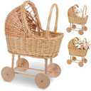 Large Wicker Flower Girl Basket with Handle Vintage Wicker Baby Carriage for Baby Shower Decorative Woven Rattan Stroller Shaped Flower Basket for Wedding Floral Arrangement