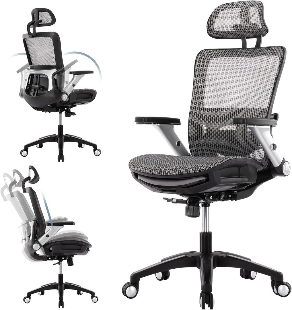 COLAMY Ergonomic Mesh Office Chair with Footrest, High Back Computer Executive Desk Chair with Headrest and 4D Flip-up Armrests, Adjustable Tilt Lock and Lumbar Support-Grey