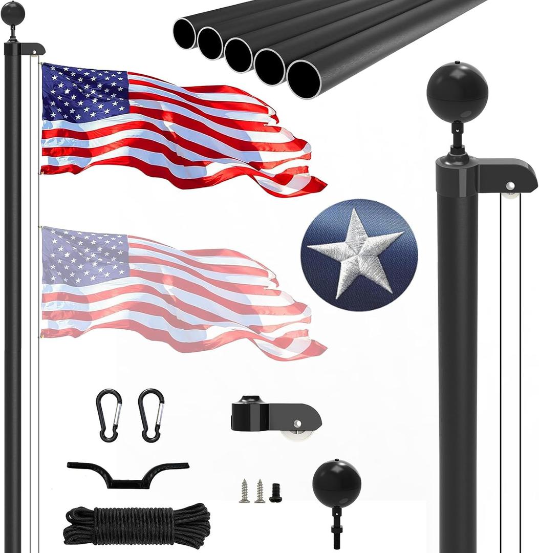 20FT Sectional Flag Pole Kit, Extra Thick Heavy Duty Aluminum Flagpoles for Outside House Inground with 3'*5' American Flag and Black Ball Topper for Residential or Commercial Use, Black