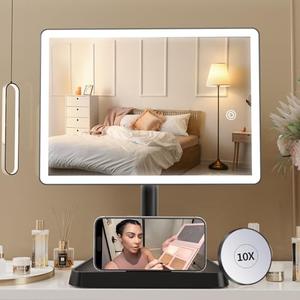 FUNTOUCH Rechargeable Makeup Vanity Mirror with Lights, Large Lighted Desk Makeup Mirror with 96 LED Lights and 10x Magnifying Mirror, 3 Color Lighting, Make up Light Mirror with Phone Holder