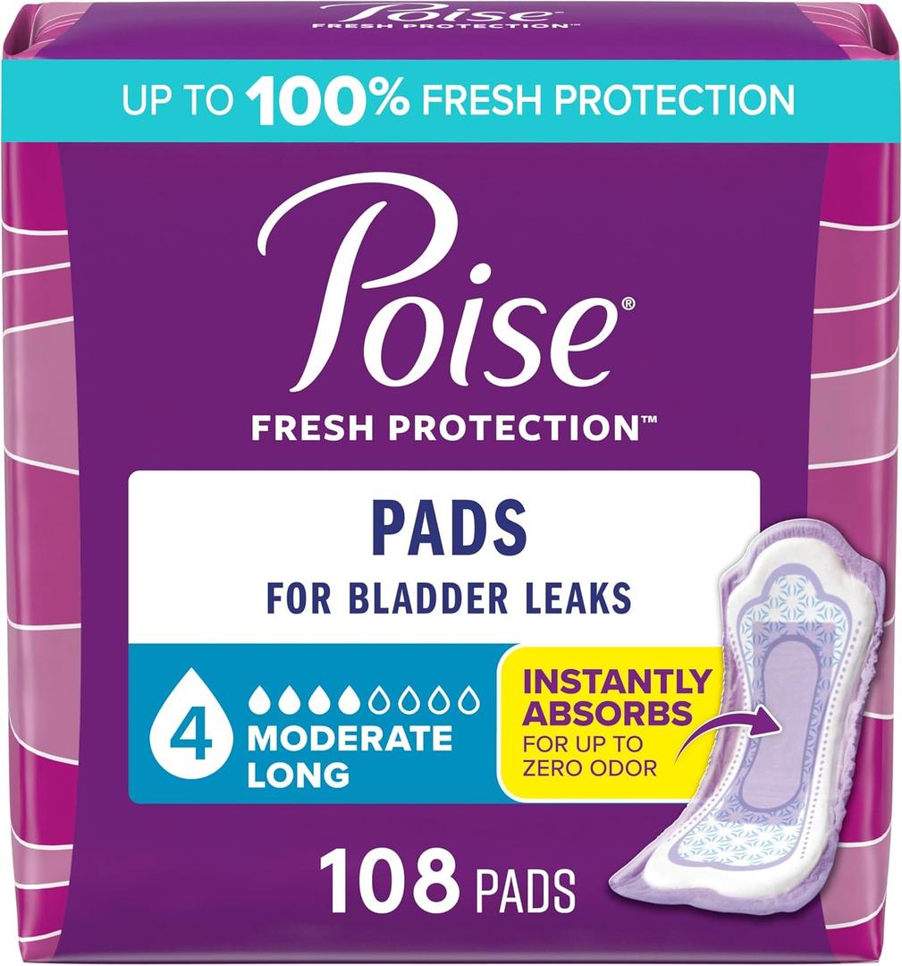 Poise Incontinence & Postpartum Pads for Bladder Leaks, 4 Drop Moderate Absorbency, Long Length, 108 Count 