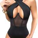 Sexyshine Women's Halter Criss Cross Sleeveless Bodysuit Sheer Mesh Corset Bustier Sexy Cut Out Leotard Jumpsuit (Black)