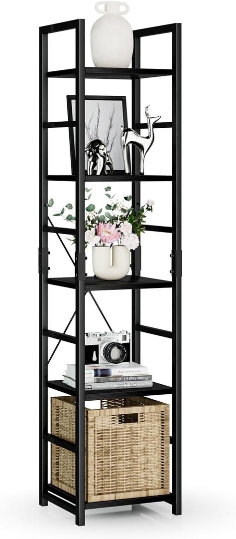 NUMENN 5 Tier Slim Bookshelf, Tall Bookcase Shelf Storage Organizer, Modern Book Shelf for Bedroom, Living Room and Home Office, Black
