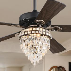 52 Inch Farmhouse Fandelier with Light, 6 Speeds, Quiet DC Motor, 3CCT, Indoor Living Room Bedroom Ceiling Fan (Black)