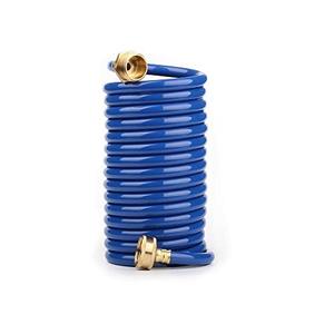 FangFarm Heavy-Duty EVA Coil Garden Hose with GHT Solid Brass Fittings, Water Hose with Brass Connectors, for Garden Lawn Watering, Car Washing (15FT, Blue)