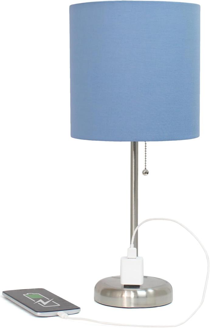 Simple Designs Two Pack Brushed Steel Stick Table Desk Lamp Set with Charging Outlet and Drum Fabric Shade for Living Room, Hallway, Nightstand, Office, Blue Shade