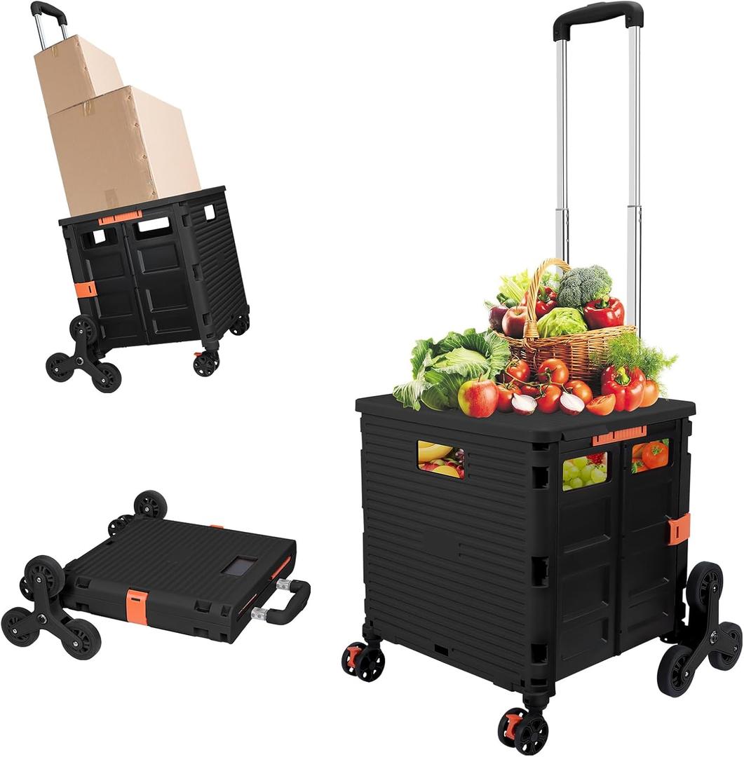 FELICON SELORSS Folding Utility Cart Portable Rolling Crate Handcart with Stair Climbing Wheels&360Swivel Wheels Telescoping Handle Plastic Box Dolly for Travel Shop Move Office Teacher Use(Black) (BY06C-Climber Wheels) FELICON SELORSS Folding Utility Cart Portable Rolling Crate Handcart with Stair Climbing Wheels&360Swivel Wheels Telescoping Handle Plastic Box Dolly for Travel Shop Move Office Teacher Use(Black) (BY06C-Climber Wheels)
