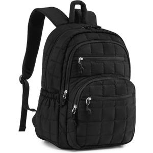 CLOKARS Bookbag for Women, Teen Girls Backpack for High School College Student, Puffer Quilted Back Pack Cute Laptop Backpack for Work Travel Mom Casual Daypack, Black (15.6in)