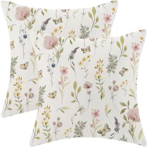 Spring Pillow Covers 20x20 Inch Set of 2, Sage Green Pink Wild Flower Throw Pillows Case,Colorful Seasonal Floral Plant Outdoor Decorative Farmhouse Decor Cushion Covers for Home Sofa Bed Couch