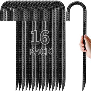 Kingsyard 16 Pack 12 Inch Rebar Stakes J Hook Ground Stakes, Galvanized Metal Heavy Duty Tent Stakes for Trampolines Chain Link Fence Lawn Inflatables Decorations Outdoor Canopy Swing Set