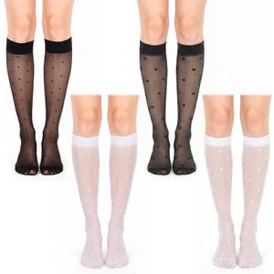 4 Pairs Pattern Knee High Stockings for Women, Dot Sheer Thin Socks, Elegant Design and Stretchy Breathable Knee High Socks for Summer, Party, Various Occasions, Black White Polka Dots & Hearts