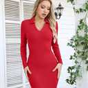 VICHYIE Women Lapel Neck Ribbed Bodycon Tight Fall Dress Long Sleeve Mid Thigh Pencil Above Knee Dresses (Red, S)