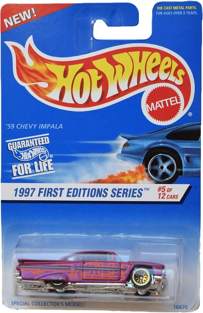 Hot Wheels 1997 First Editions Series #5 of 12 Cars, Pink '59 Chevy Impala on Square Card