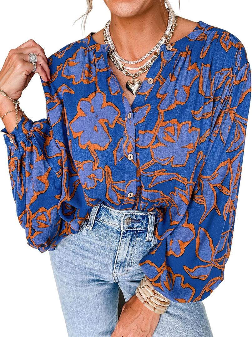 PRETTYGARDEN Women's Floral Button Down Blouse 2026 Fall Fashion Dressy Casual Long Sleeve Shirts Spring Top Boho Clothes (X-Large, Blue)