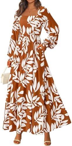 PRETTYGARDEN Women Floral Maxi Dresses 2026 Spring Long Sleeve Square Neck Boho A Line Wedding Guest Casual Flowy Long Dress,L